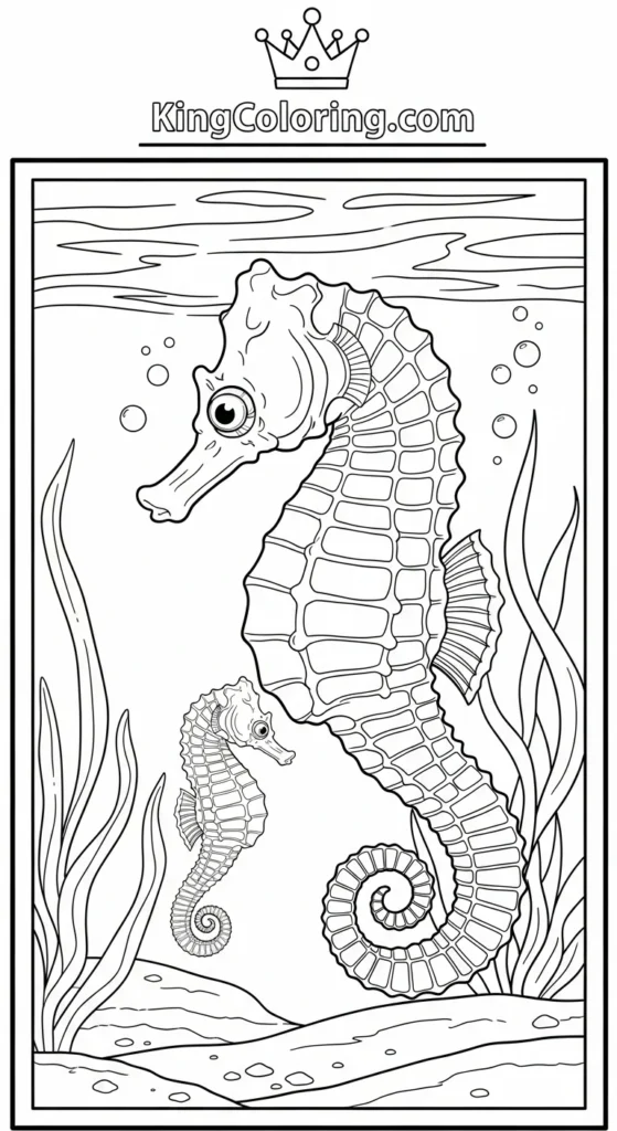 Seahorse coloring page illustrating a parent seahorse