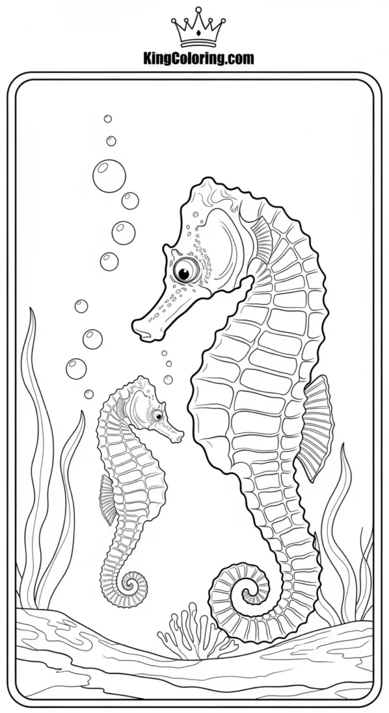 Seahorse coloring page illustrating a parent seahorse swimming beside a baby