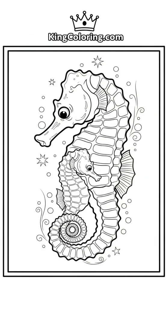 Seahorse coloring page illustrating a parent seahorse wrapping its tail gently around a baby