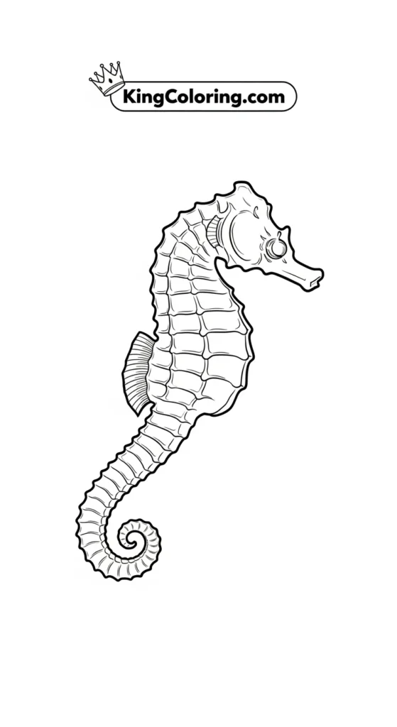 Seahorse coloring page illustrating a seahorse swimming diagonally upward