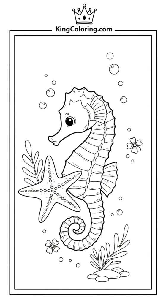 Seahorse coloring page illustrating a small seahorse holding a starfish gently with its tail