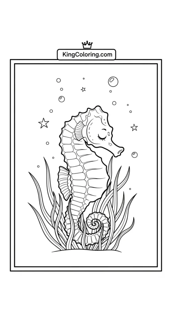 Seahorse coloring page illustrating a tiny seahorse resting on sea grass