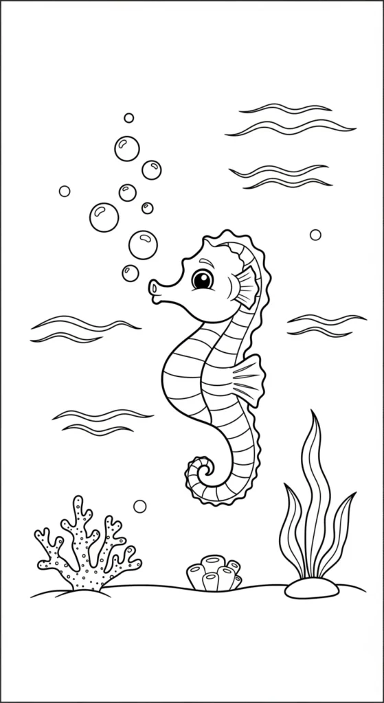 Seahorse coloring page showing a small seahorse blowing bubbles