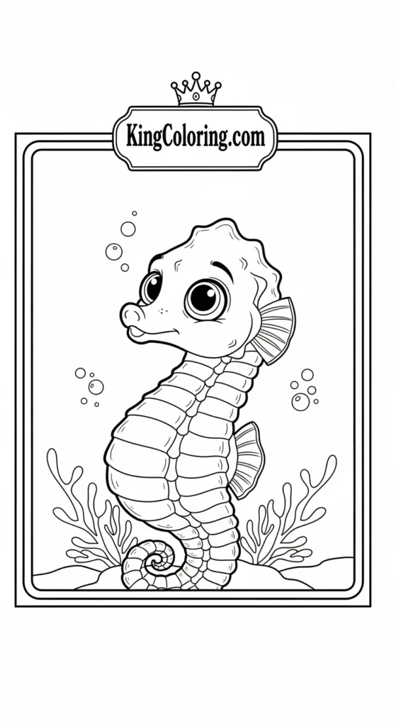 Seahorse coloring page showing a small seahorse peeking upward