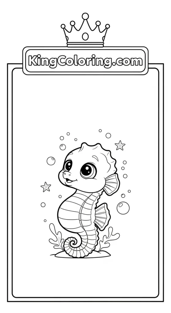 Seahorse coloring page showing a small seahorse peeking upward with wide eyes