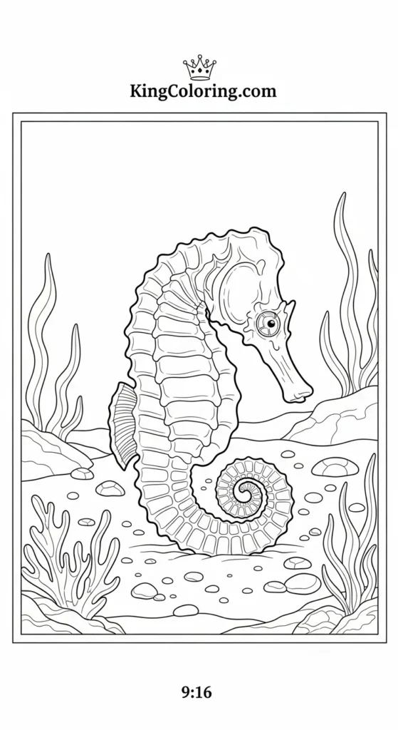 Seahorse coloring page showing a small seahorse resting on the ocean floor