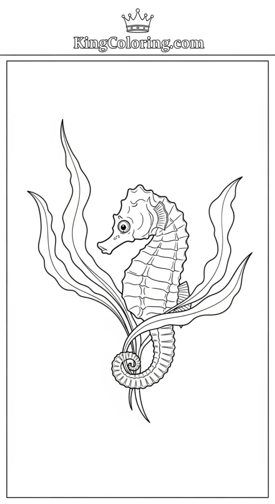 Seahorse coloring page showing a tiny seahorse gently holding seaweed with its tail