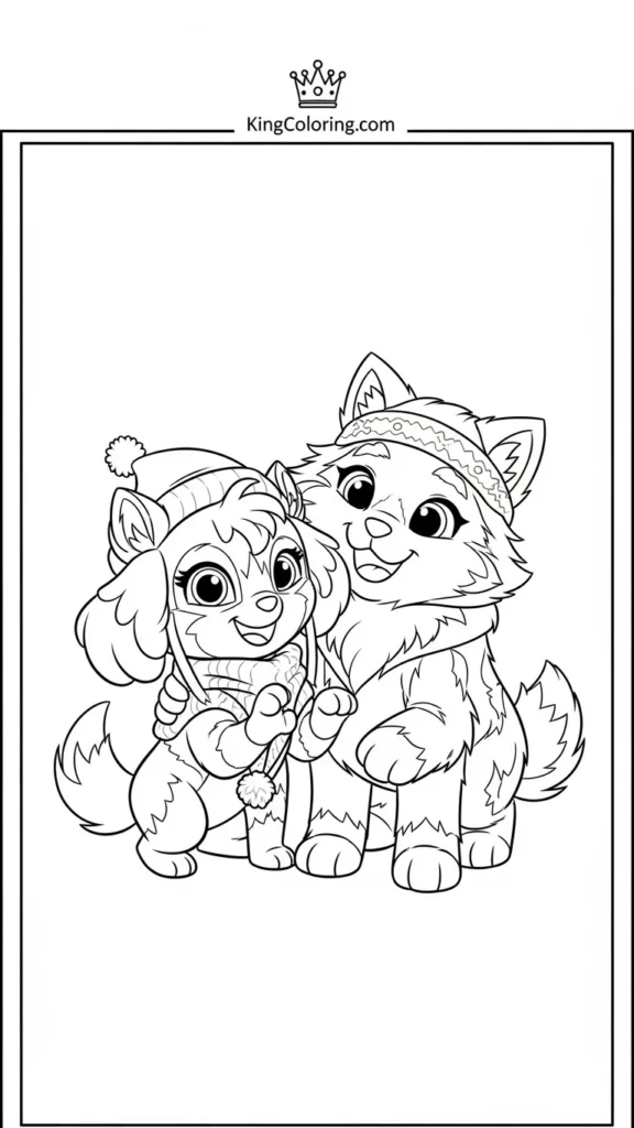 Skye and Everest playing together, bold clean outlines