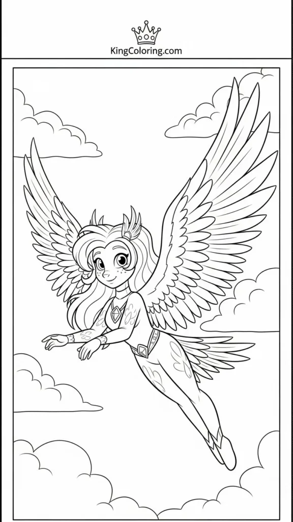 Skye flying with her wings open in the sky