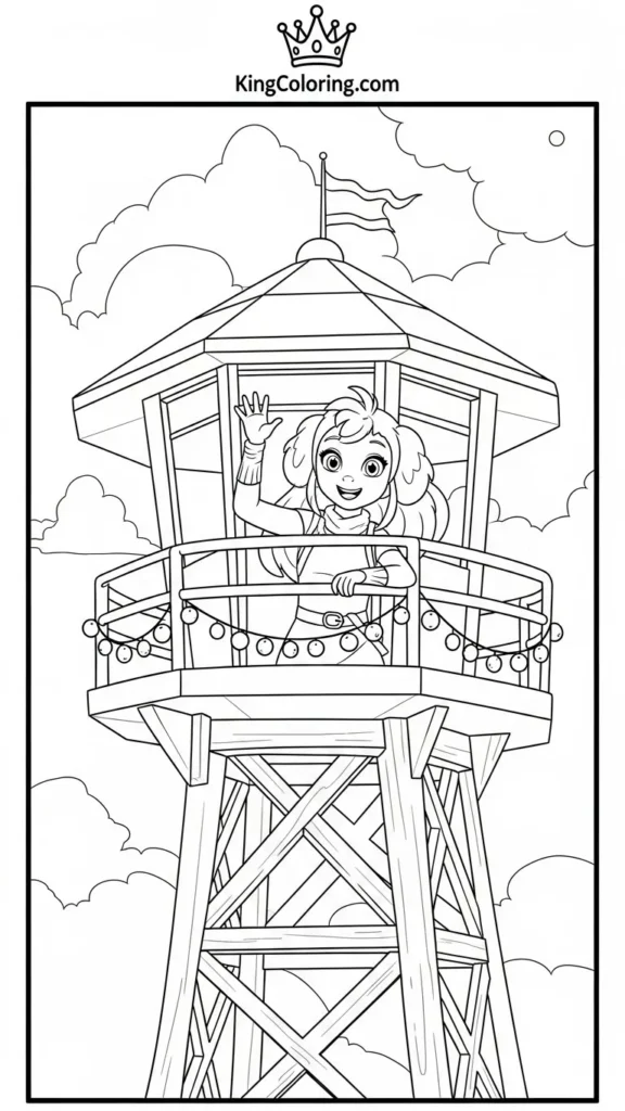 Skye waving from the lookout tower