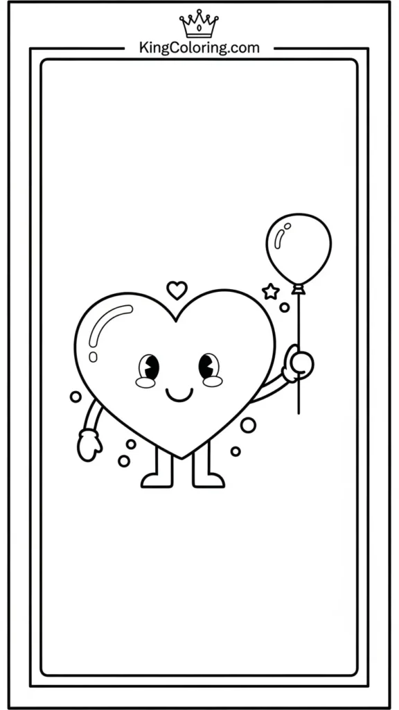 Smiling heart character holding a tiny balloon