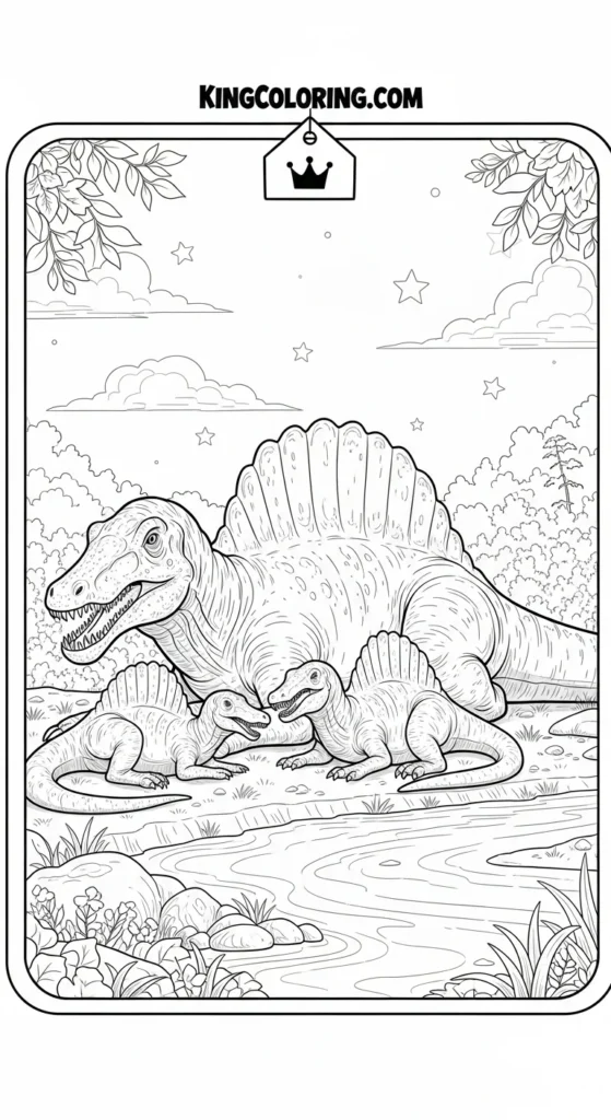 Spinosaurus coloring pages depicting a Spinosaurus family resting together near a riverbank