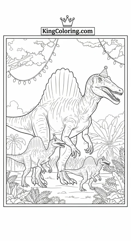 Spinosaurus coloring pages depicting a Spinosaurus family walking together