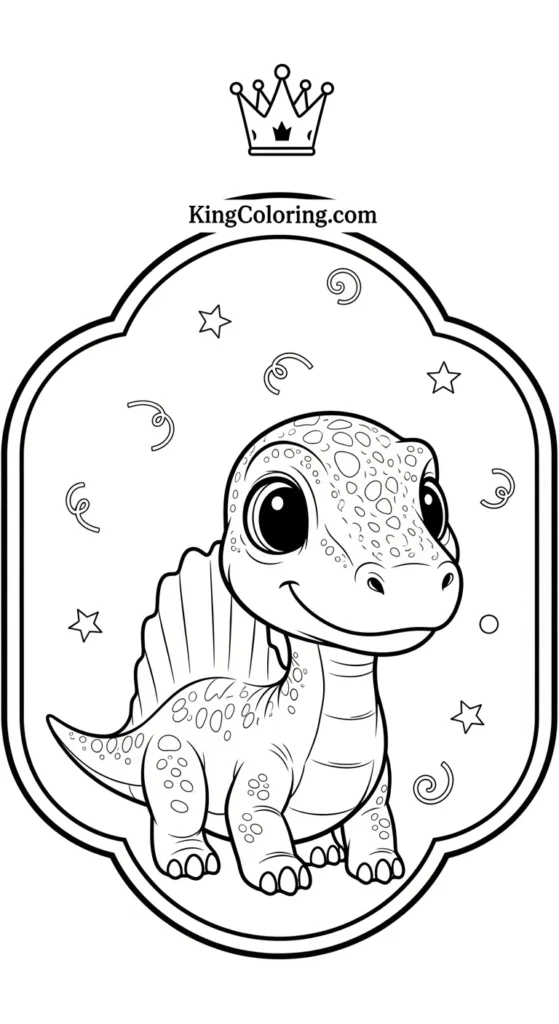 Spinosaurus coloring pages depicting a small cute Spinosaurus centered inside a rounded decorative frame