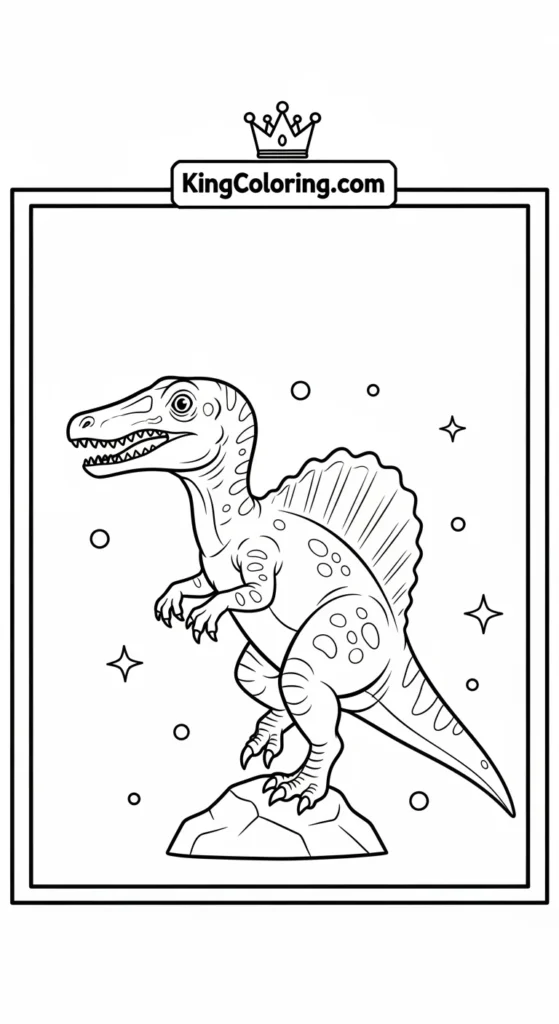 Spinosaurus coloring pages featuring a small Spinosaurus climbing a small rock