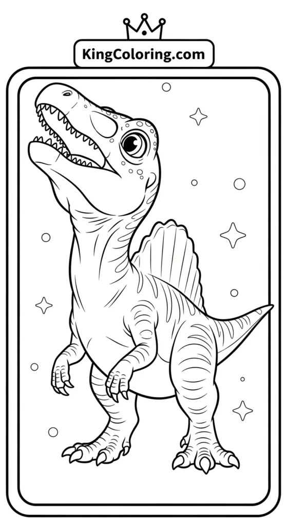 Spinosaurus coloring pages featuring a small Spinosaurus looking upward with open mouth