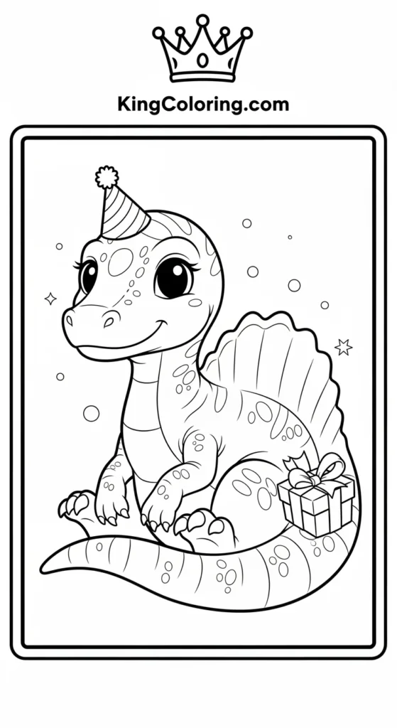 Spinosaurus coloring pages featuring a small Spinosaurus sitting with tail coiled around