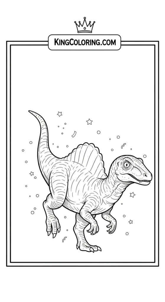 Spinosaurus coloring pages featuring a tiny baby Spinosaurus balancing on one leg with tail lifted