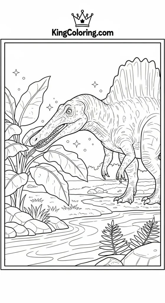Spinosaurus coloring pages illustrating a Spinosaurus sniffing