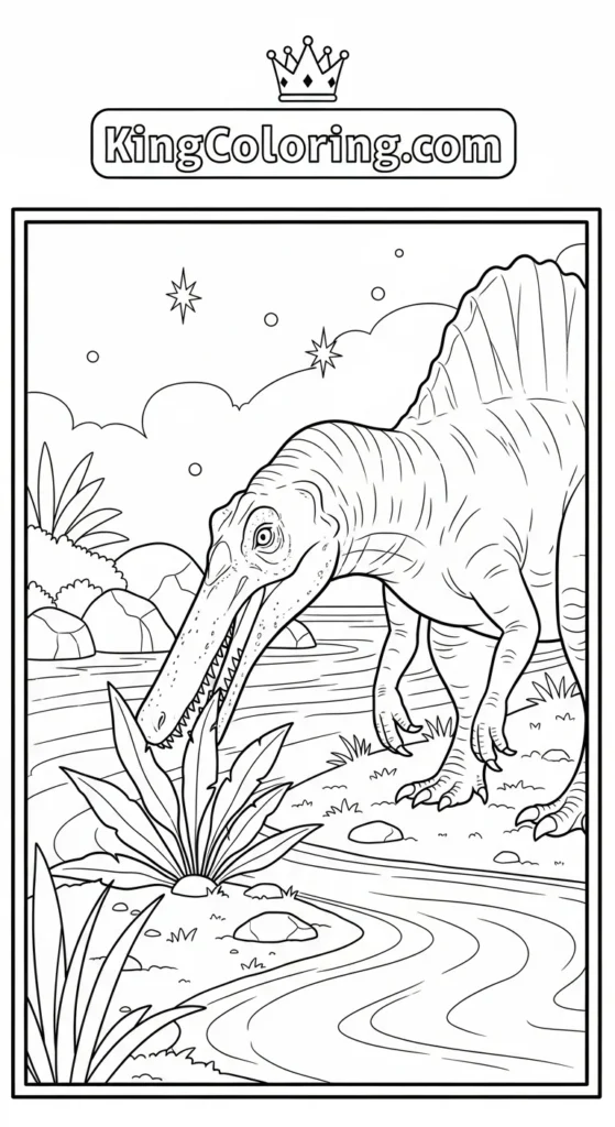 Spinosaurus coloring pages illustrating a Spinosaurus sniffing plants near a river