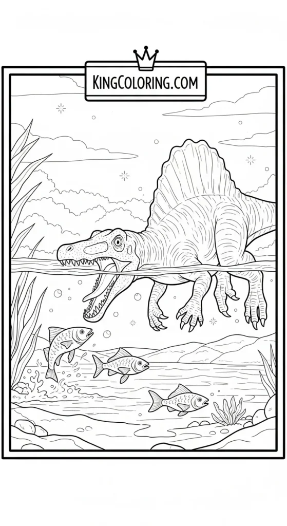 Spinosaurus coloring pages illustrating a baby Spinosaurus chasing small fish in shallow water