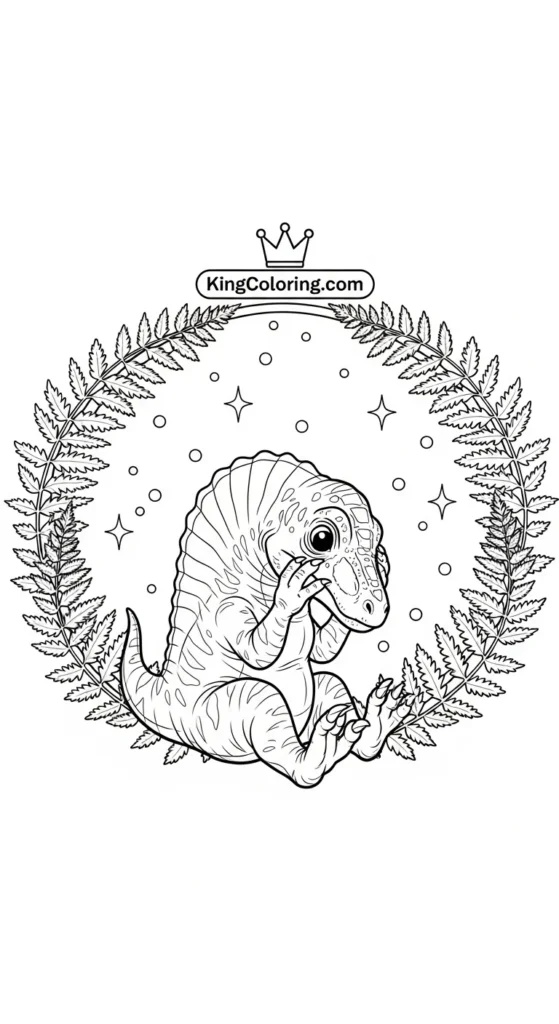 Spinosaurus coloring pages illustrating a baby Spinosaurus sitting inside a circular frame of prehistoric ferns