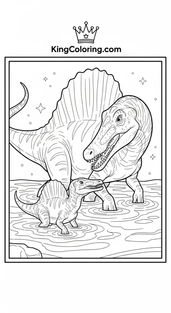 Spinosaurus coloring pages illustrating a parent Spinosaurus and baby swimming gently in shallow water