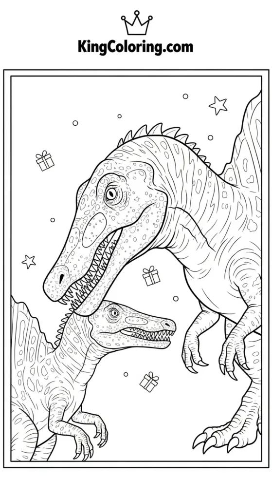 Spinosaurus coloring pages illustrating a parent Spinosaurus gently nudging one baby