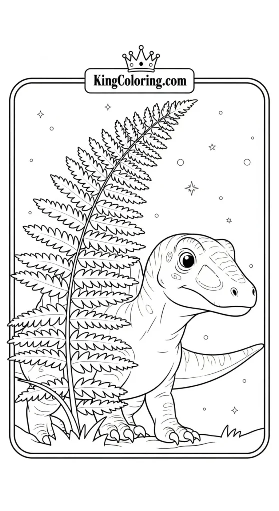 Spinosaurus coloring pages showing a small Spinosaurus hiding partially behind a tall fern