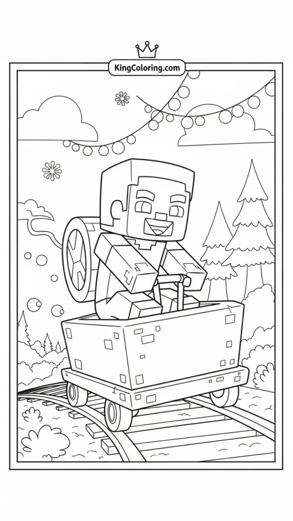 Steve riding a minecart on a track