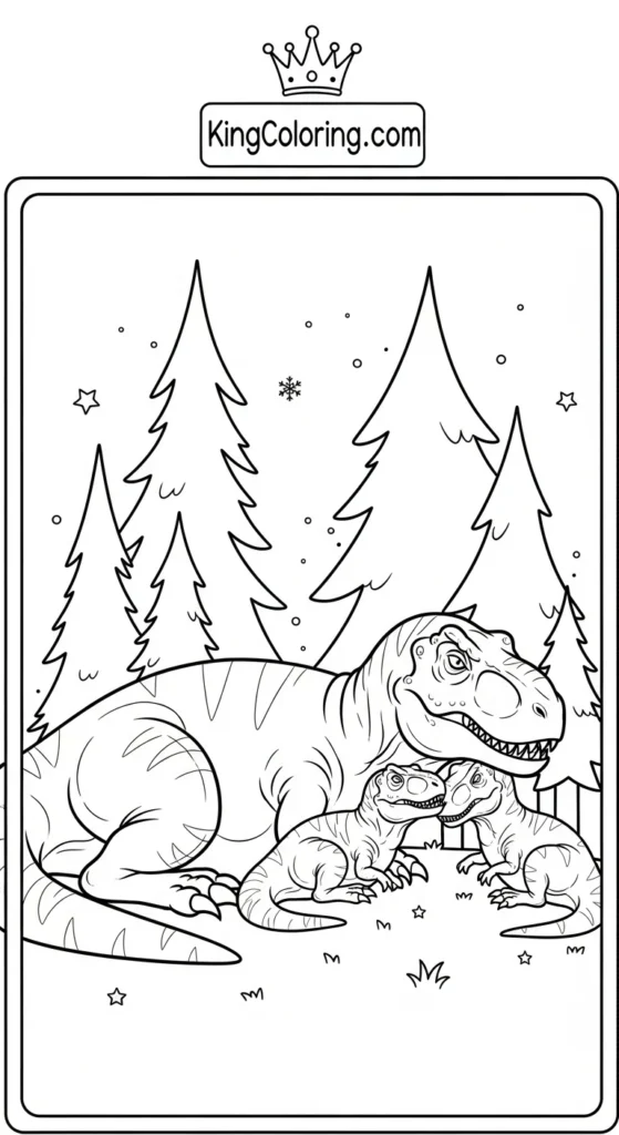 T-Rex coloring pages depicting a T-Rex family resting together near trees