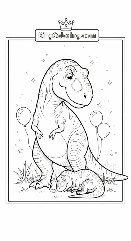 T-Rex coloring pages depicting a parent T-Rex watching over