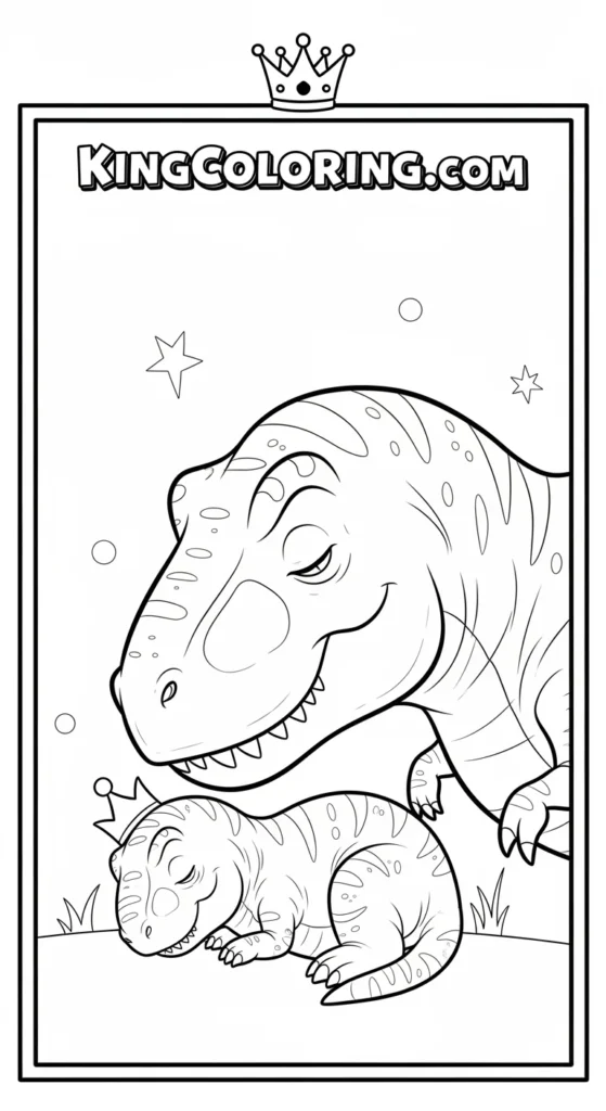 T-Rex coloring pages depicting a parent T-Rex watching over a resting baby