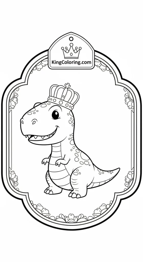 T-Rex coloring pages depicting a small cute T-Rex centered inside a rounded decorative frame