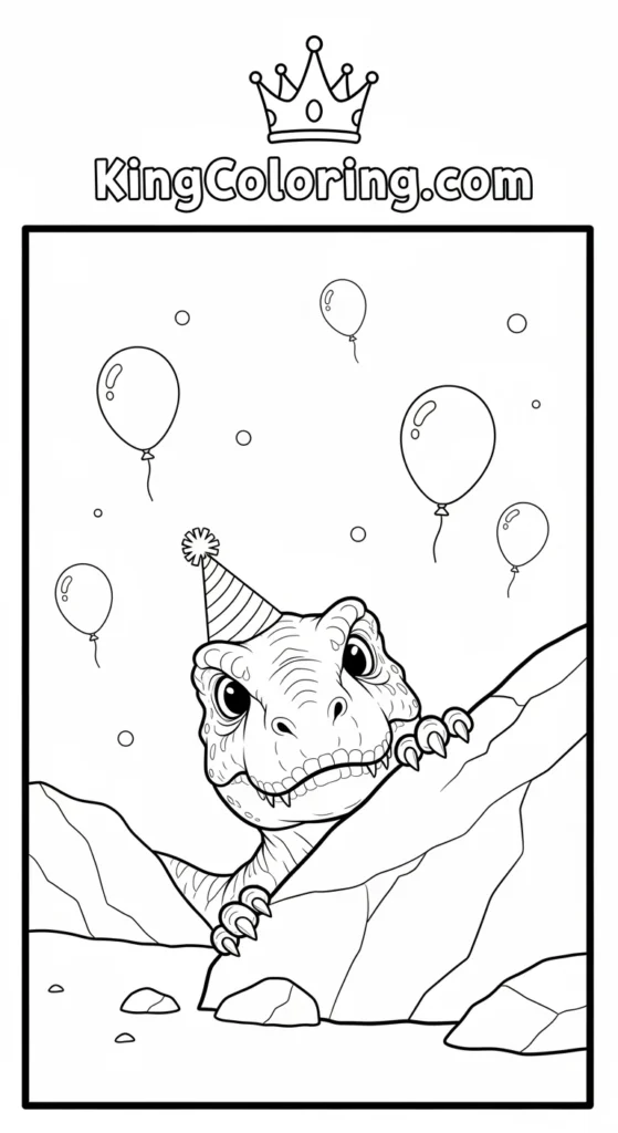 T-Rex coloring pages featuring a tiny T-Rex peeking from behind a rock