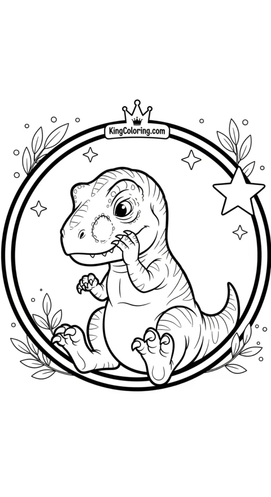 T-Rex coloring pages illustrating a baby T-Rex sitting inside a circular prehistoric frame
