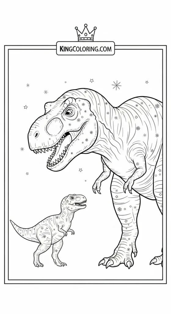 T-Rex coloring pages illustrating a parent T-Rex gently guiding a baby forward