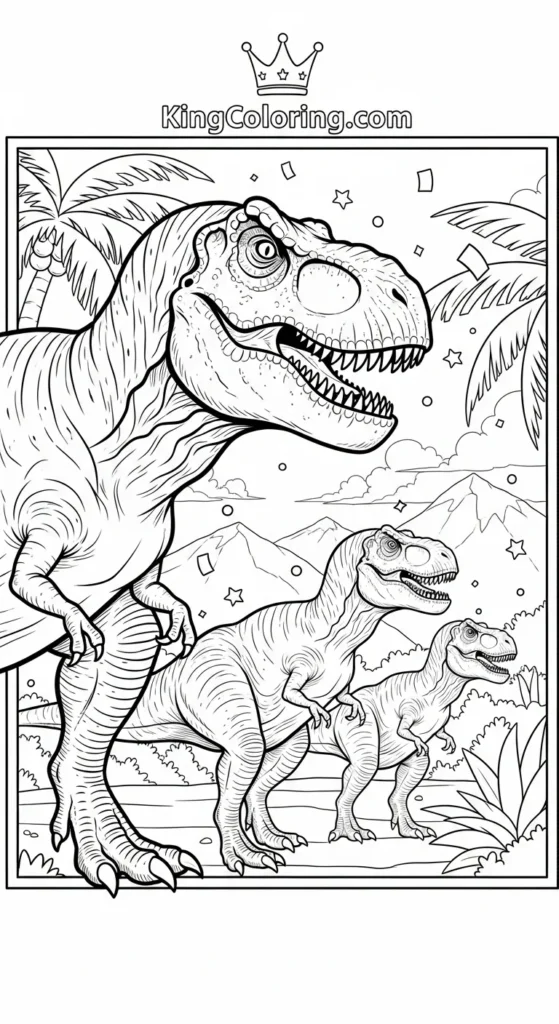 T-Rex coloring pages showing a T-Rex family at different angles