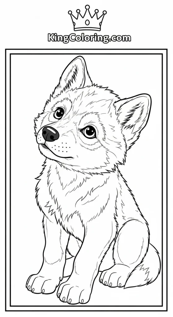Wolf coloring pages depicting a baby wolf pup tilting its head curiously