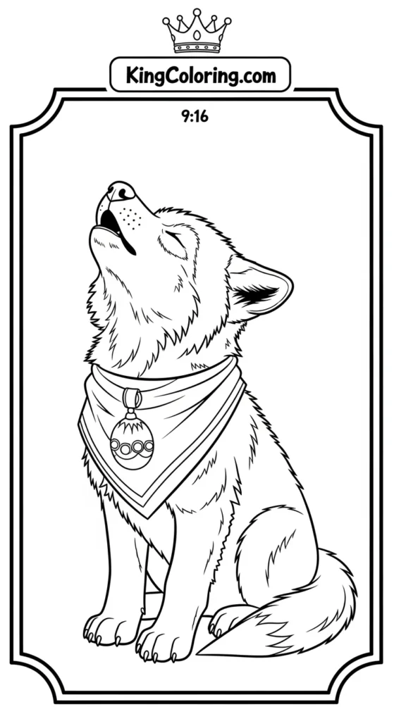 Wolf coloring pages depicting a small wolf sitting with head tilted upward in a gentle howling posture
