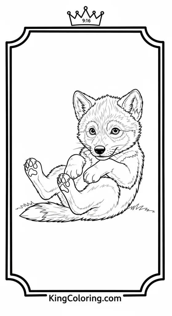 Wolf coloring pages illustrating a baby wolf pup rolling on its side  