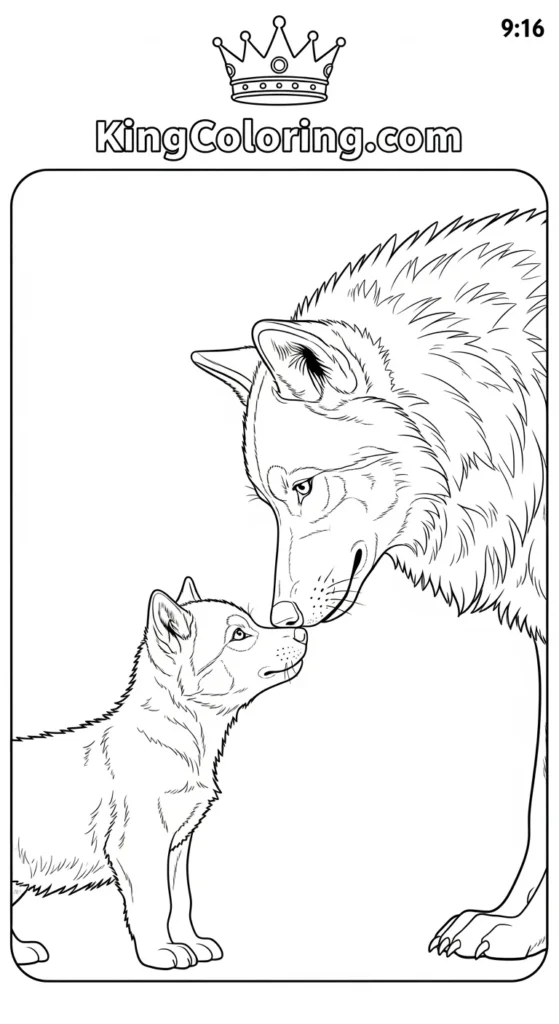 Wolf coloring pages illustrating a parent wolf gently nudging a pup forward