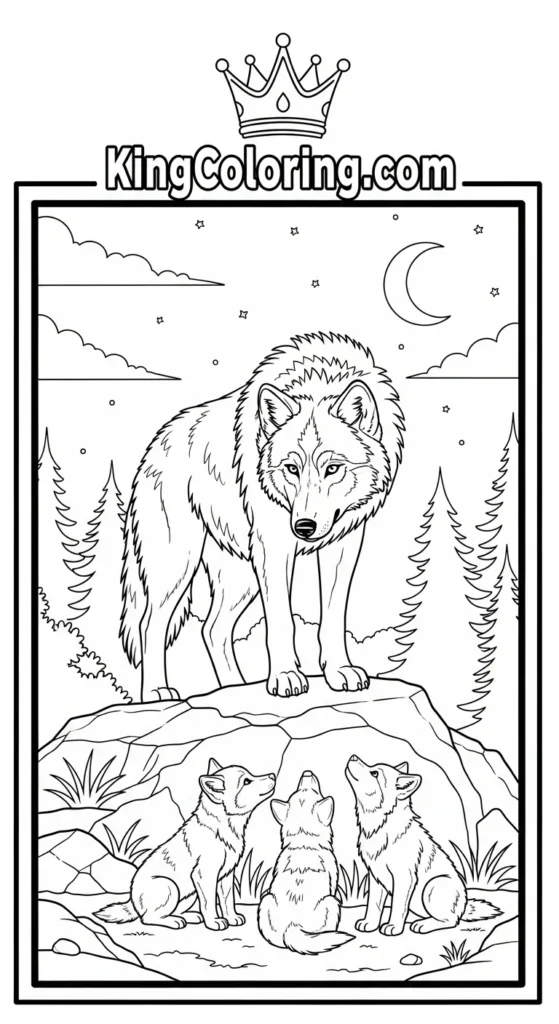 Wolf coloring pages illustrating a wolf parent standing on a rock while pups gather below