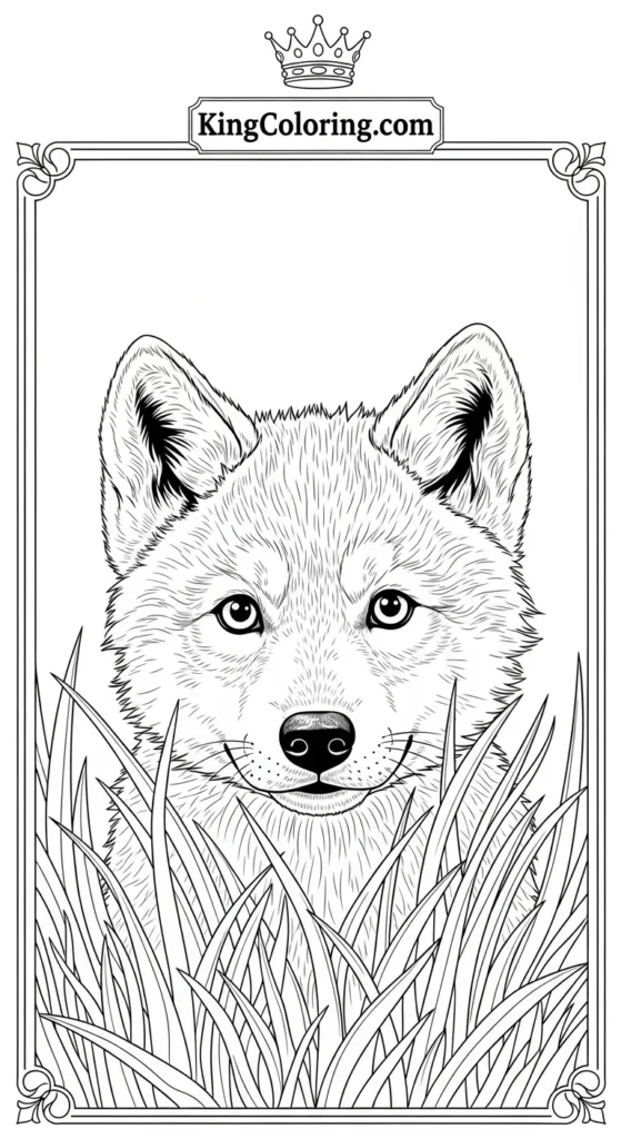 Wolf coloring pages showing a wolf pup peeking from behind tall grass