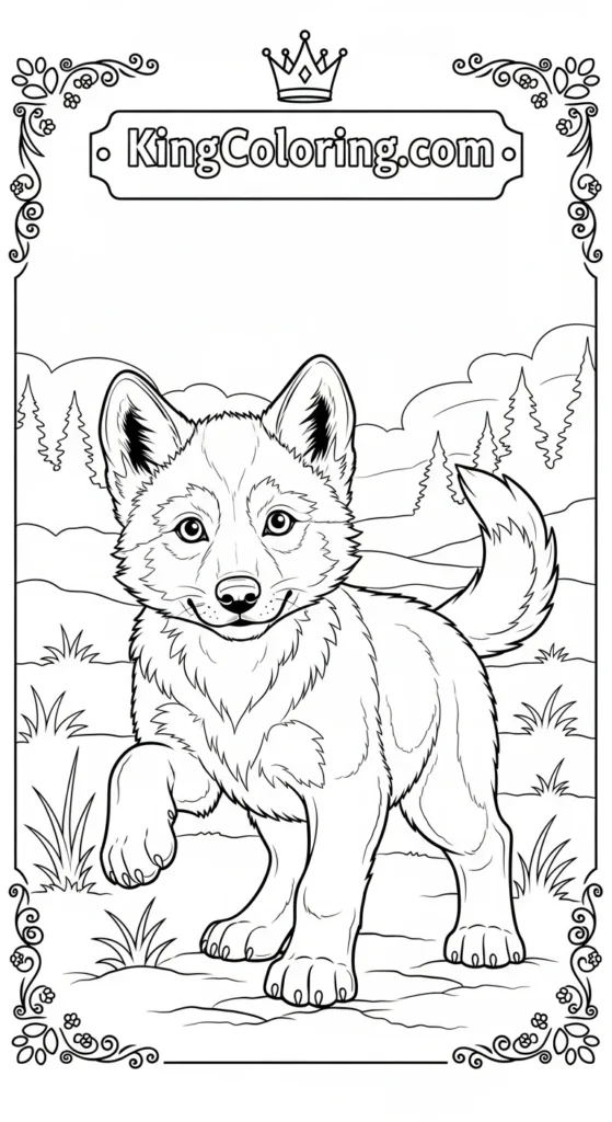 Wolf coloring pages showing a wolf pup playfully pawing at the ground