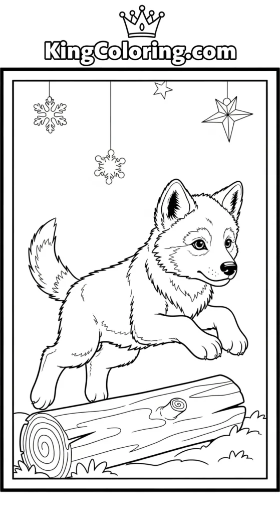 Wolf coloring pages with a wolf pup jumping over a small log