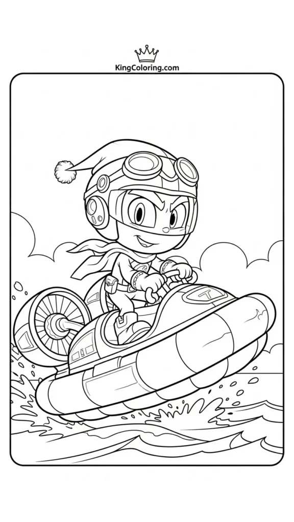 Zuma riding his hovercraft on water, clean bold outlines