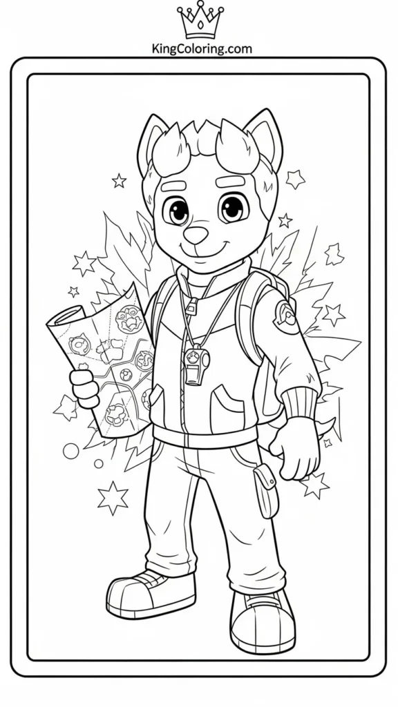 a Ryder standing with a map and whistle