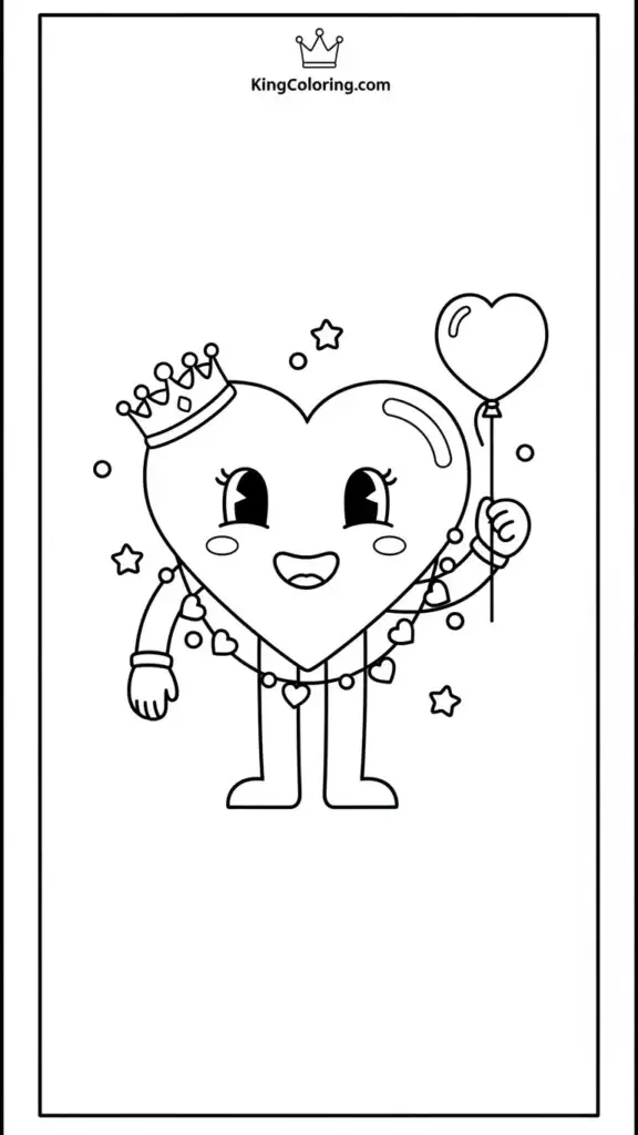a Smiling heart character holding a tiny balloon
