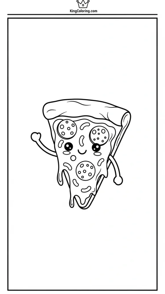 a a kawaii-style pizza slice waving hello, with stretchy cheese and round pepperoni,